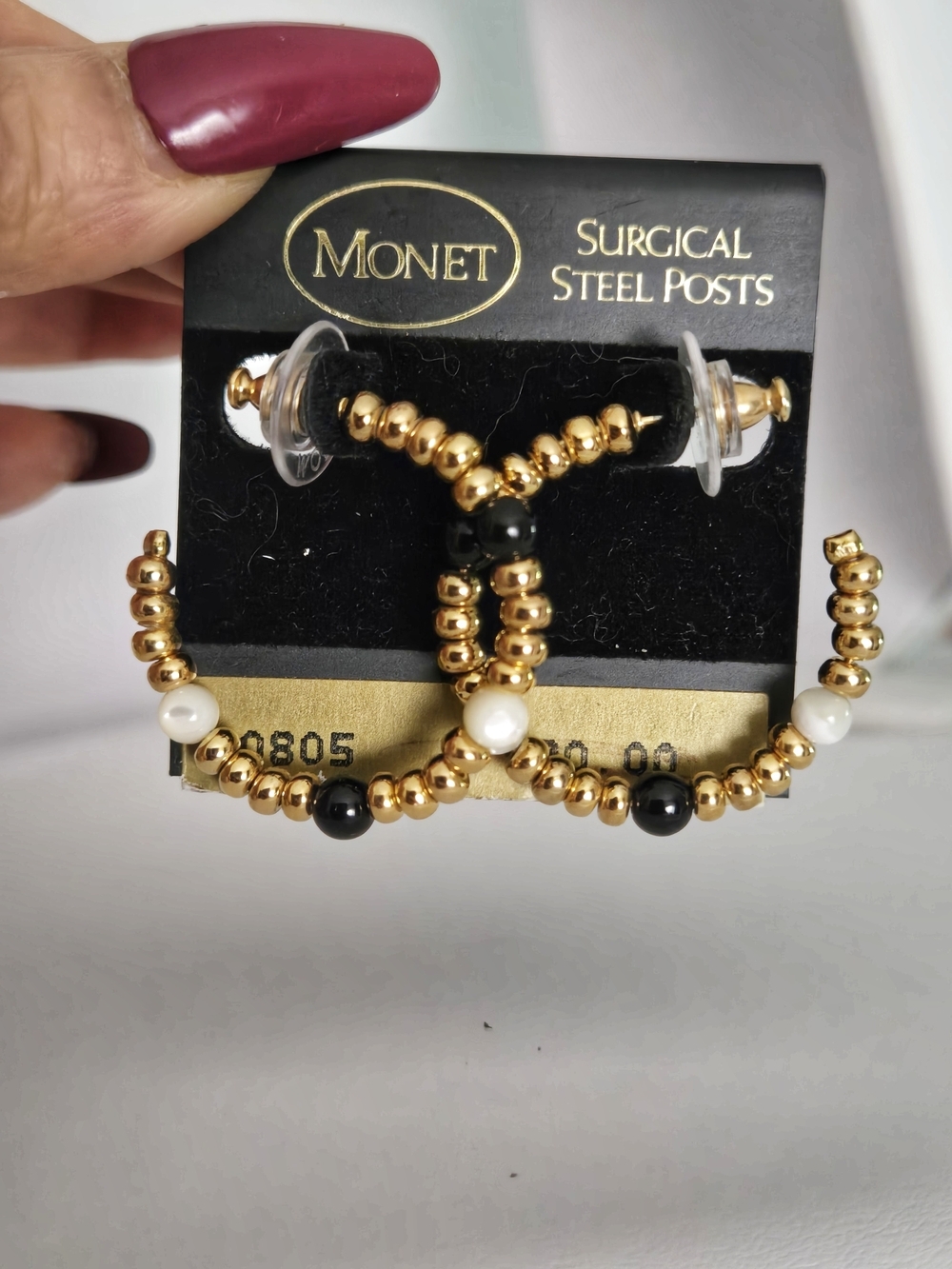 Monet Gold Tone Beaded Hoop Earrings with Black and White Accent Beads